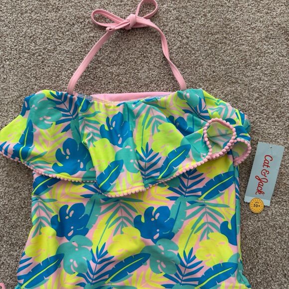 NWT Cat and Jack Tropical Leaf Print Ruffles One Piece Swim Girls XL (14/16) - Picture 2 of 8